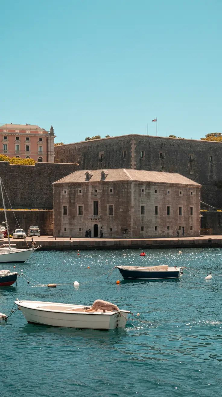 A bright, sunny day illuminates St. John's Fort as small boats drift in the sparkling Old Port waters beneath the stone city walls.