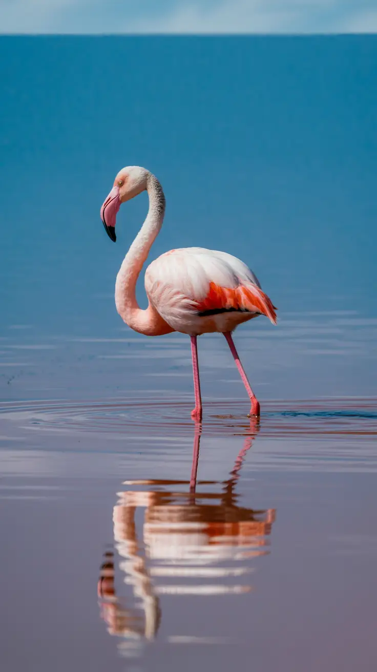A single vibrant flamingo wades through shallow, pink-tinged salt flat waters under a bright blue sky, with its reflection shimmering in the golden afternoon sun.