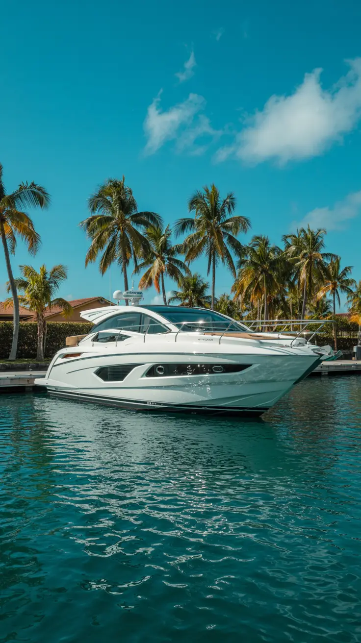 A sleek white yacht glides into a marina with sparkling turquoise water, swaying palm trees, and a brilliant blue sky.