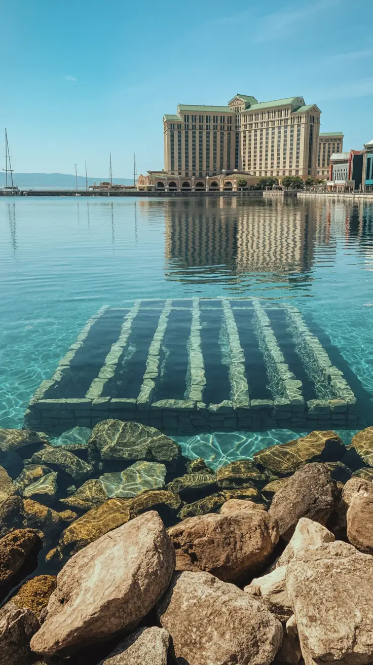 Sunlight reveals ghostly submerged stone foundations beneath clear water near a modern Casino building.