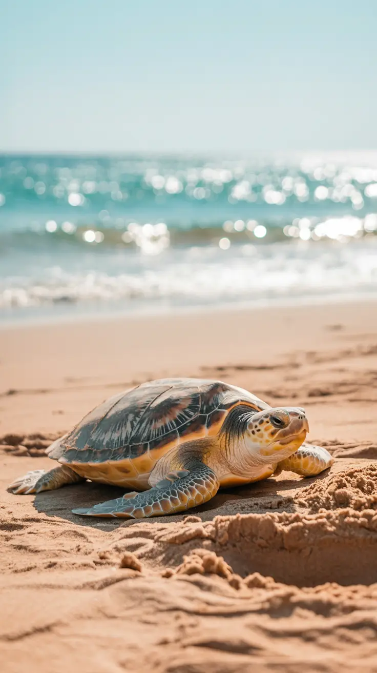 A loggerhead turtle rests near a shallow nest on golden sand at Playa de la Cueva, with turquoise waves sparkling under a clear sky.