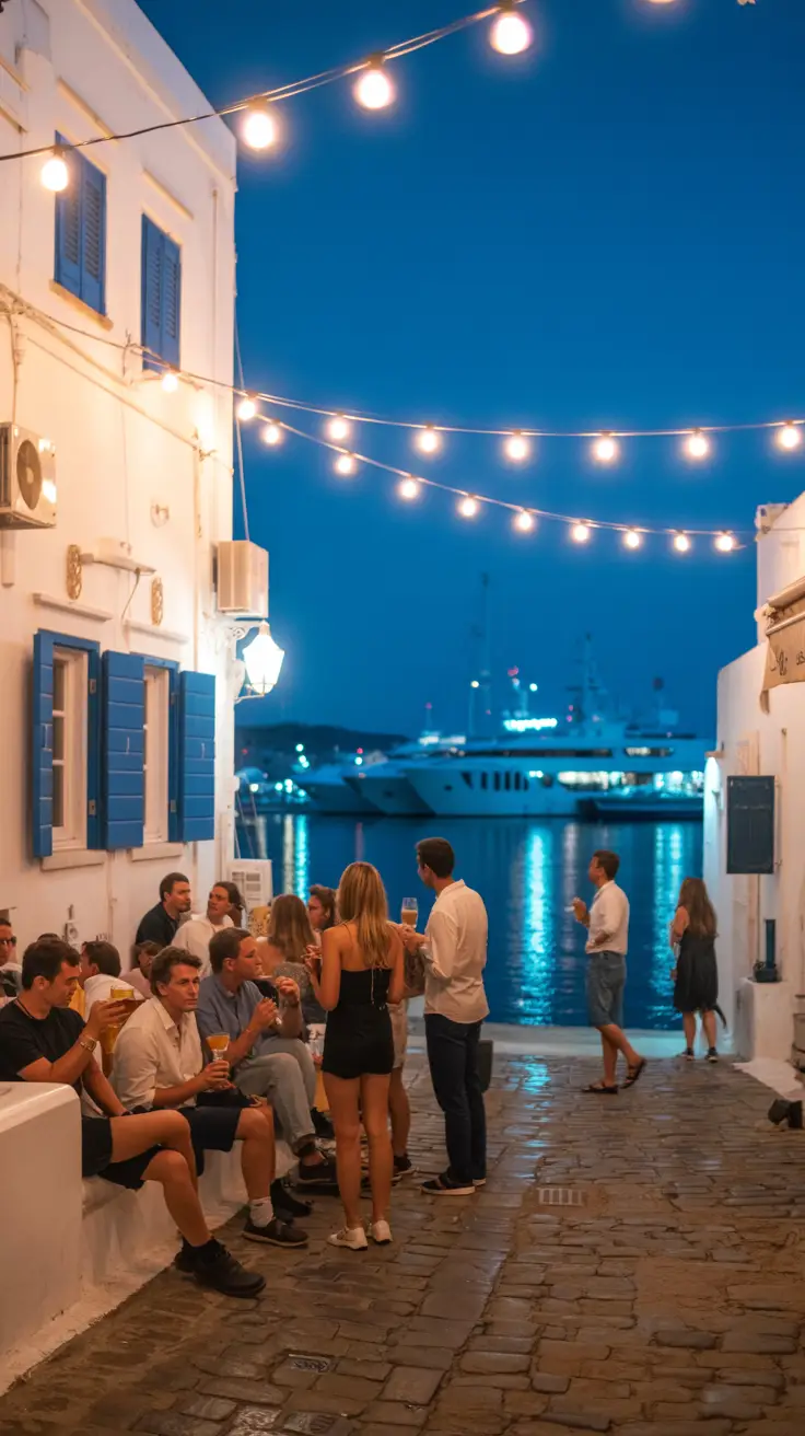 A cobblestone street in Mykonos at night glows under strings of warm lantern lights; a stylish crowd gathers outside a whitewashed bar with blue shutters, holding drinks and frozen in laughter; the calm harbor in the background reflects the bright lights of docked yachts beneath a starlit sky.