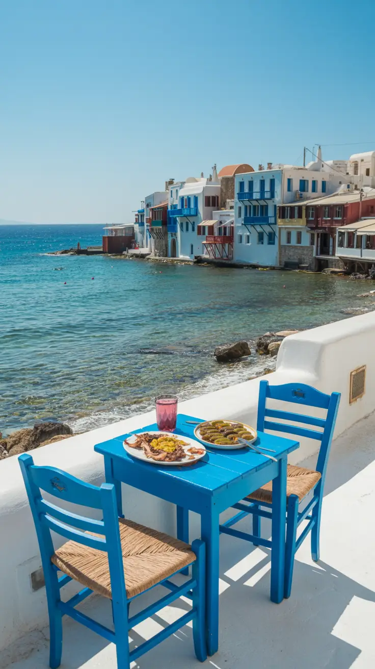 A sunlit seaside taverna perched at the edge of Little Venice in Mykonos, with whitewashed walls and blue wooden chairs surrounding a small table set for two, overlooking the sparkling turquoise Aegean Sea; colorful meze plates—stuffed grape leaves and grilled octopus—sit atop the table, while waves gently lap against stone foundations beneath the buildings in the background.