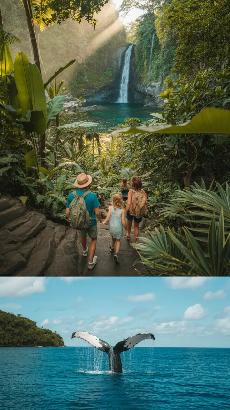 A joyful family of four hiking through lush jungle trails with sunlight filtering through dense tropical foliage; a tall waterfall cascades into a crystal-clear pool in the distance, while a humpback whale breaches dramatically from turquoise ocean waters near the coastline.