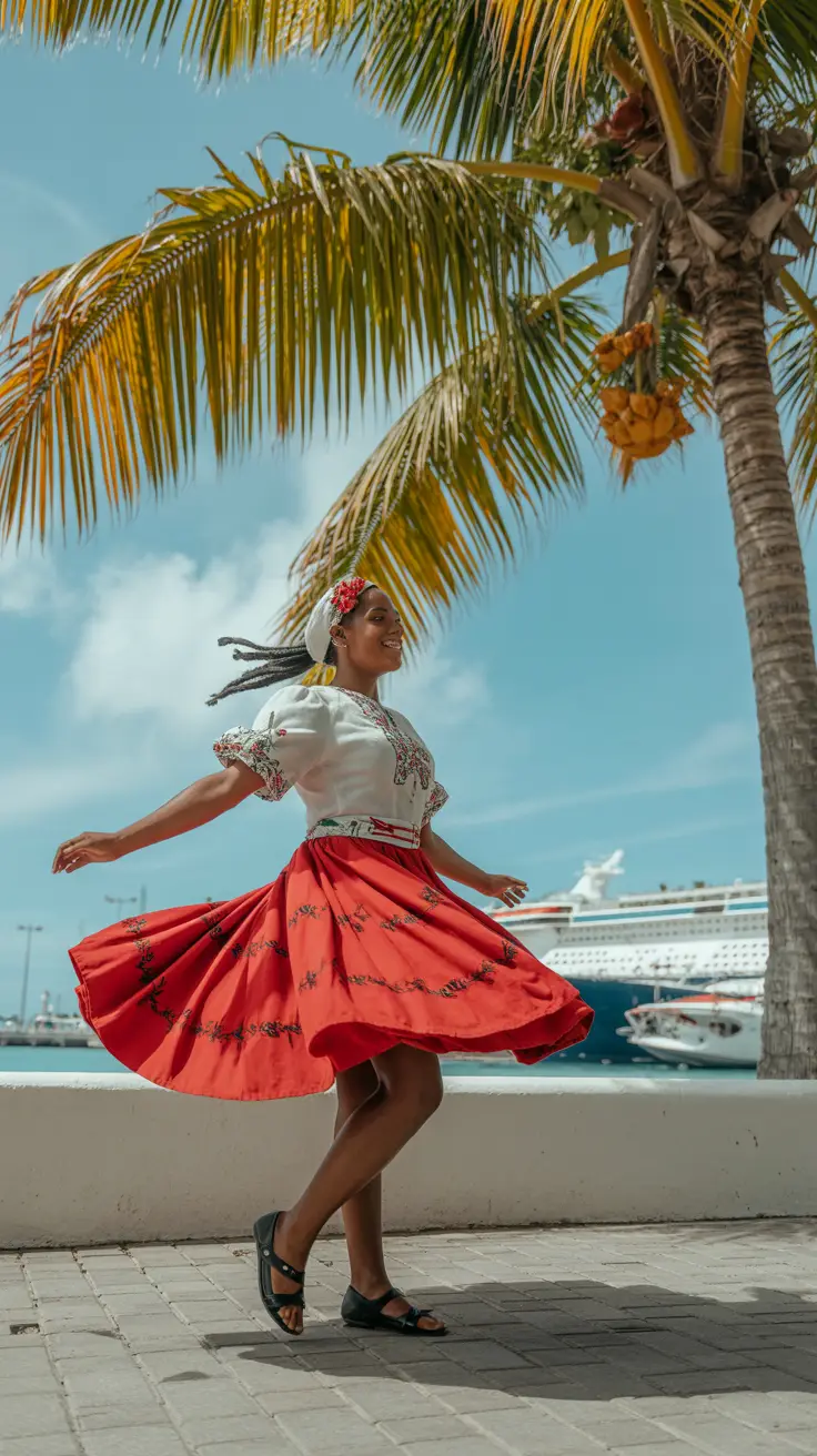 A vibrant woman in traditional Dominican dress twirls beneath palm trees near the cruise terminal, her red skirt flowing in the bright sunshine.