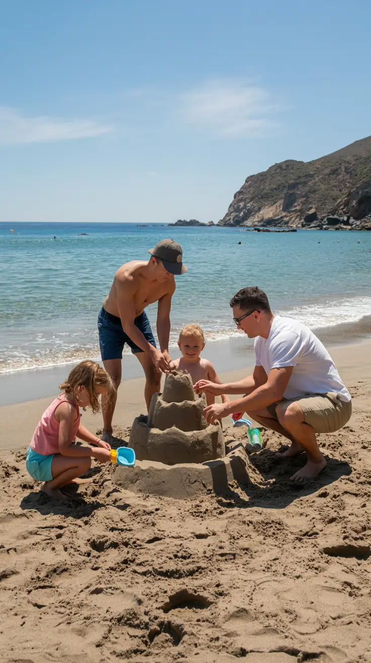 A family builds a sandcastle near the shoreline of a Catalina Island beach on a bright sunny day, with clear turquoise waves gently lapping in the background.