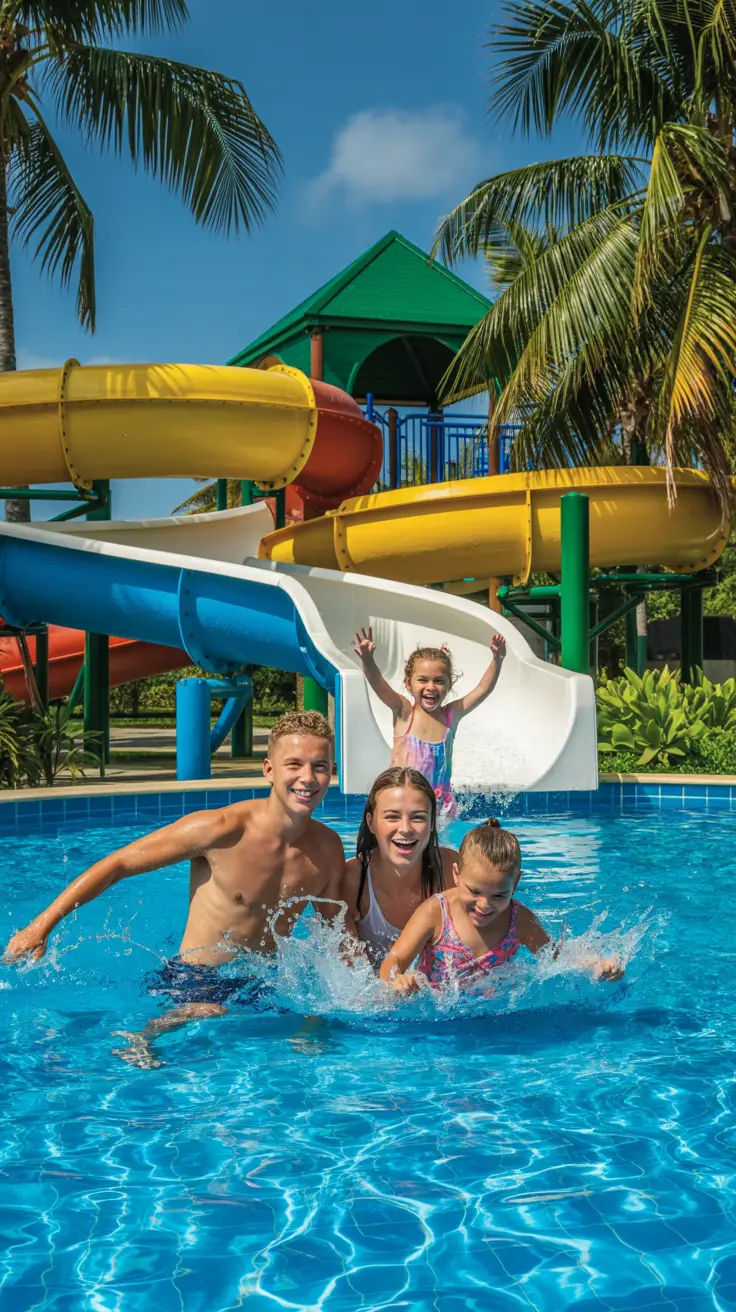 A smiling family of four splashes together in a vibrant turquoise pool surrounded by lush tropical palm trees; in the background, a colorful waterslide twists down from a play structure, with another child mid-descent, arms raised in excitement.