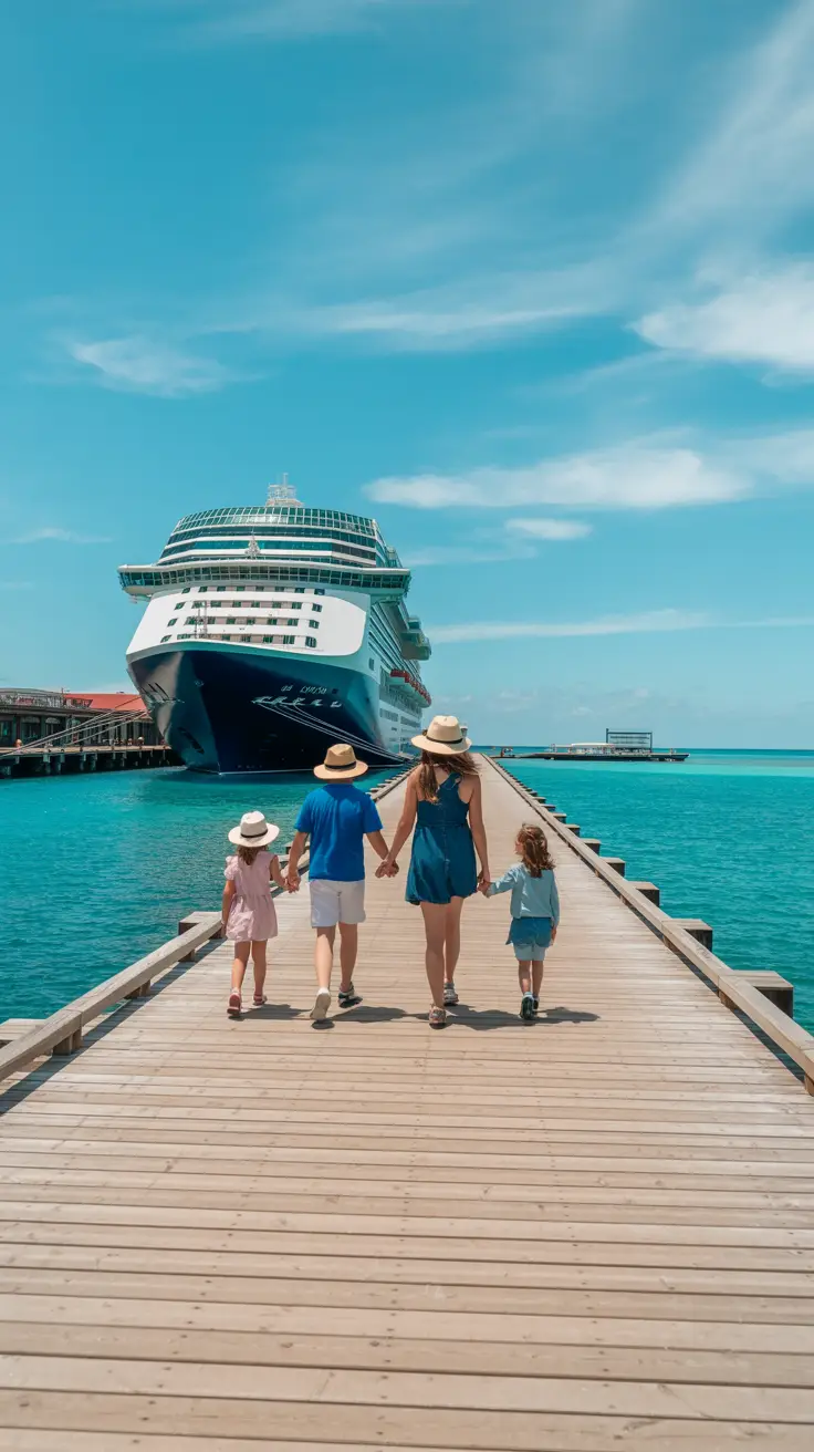 A bright sunny day at Cabo Rojo's new cruise terminal, where a family of four walks hand-in-hand along a wooden boardwalk with turquoise water sparkling behind them and a large cruise ship docked nearby.
