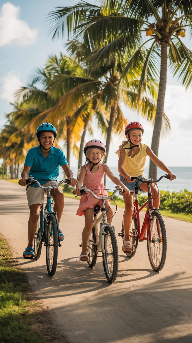 A smiling family of four rides bikes along a sun-dappled path lined with swaying palm trees, with the sparkling Caribbean Sea glimpsed in the distance. The children wear helmets and vibrant summer clothes, their faces lit with joy. The warm afternoon light casts soft shadows over the tropical landscape.