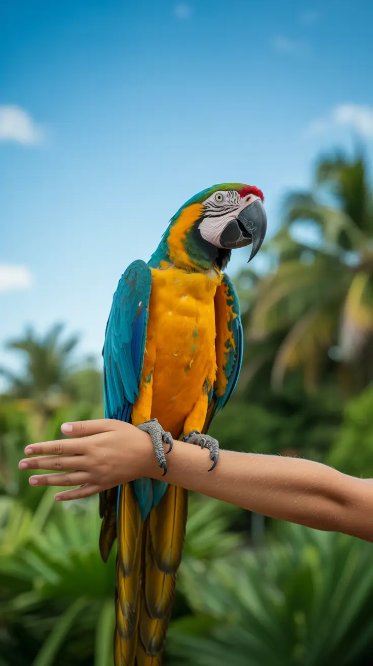 A vibrant macaw perches on a child's outstretched arm under a clear blue sky, surrounded by lush greenery at Taino Bay’s aviary.