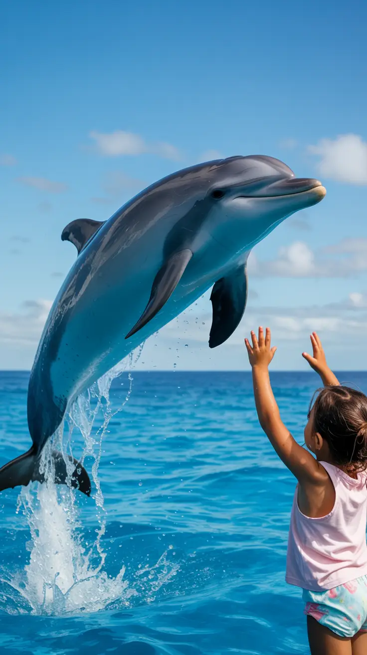 A bright sunny day at a dolphin encounter: a young child reaches out with joy as a sleek dolphin leaps from crystal-clear turquoise water, droplets sparkling mid-air.