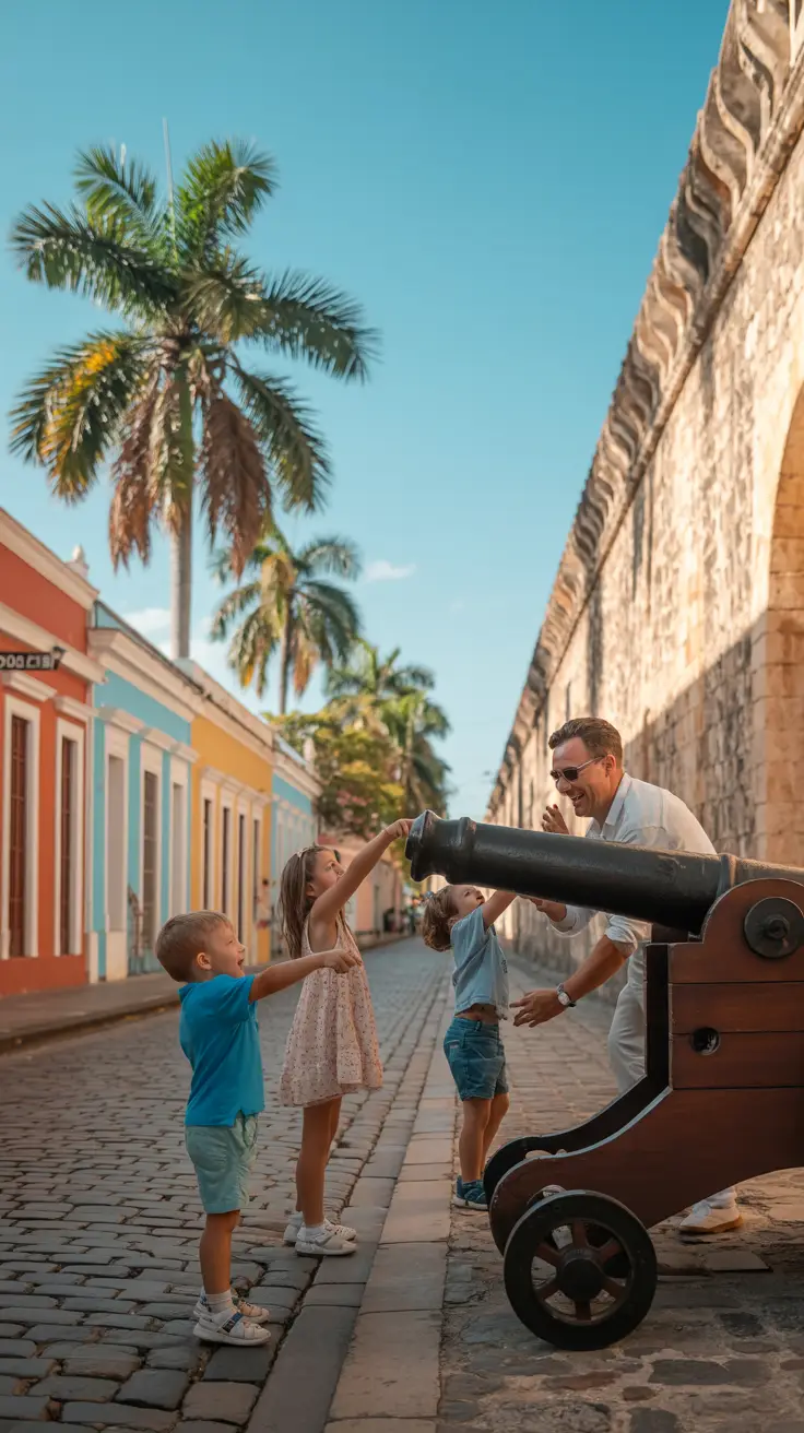 A vibrant street in Santo Domingo’s Colonial Zone bathed in golden afternoon light, featuring a smiling family of five exploring cobblestone paths near a centuries-old stone fortress. Lush palm trees sway in the background as children point excitedly at colorful buildings and an old cannon, while their parents capture the joyful moment with a camera under a clear blue sky.