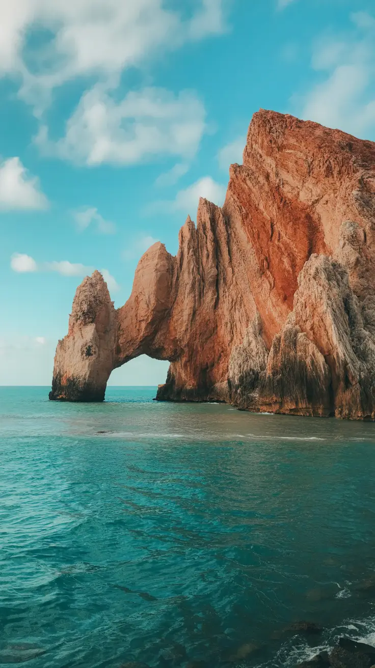 A sun-soaked cliff juts out over turquoise waters, with Cabo Rojo’s iconic red limestone face glowing in the afternoon light.