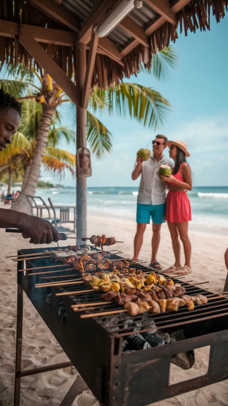 A vibrant beachside food stand with a thatched roof, where a local vendor grills skewers of fresh marinated meat over open flames; in the background, palm trees sway gently under the Caribbean sun, and a couple in bright summer clothes sips from coconuts as they watch the ocean waves roll in.