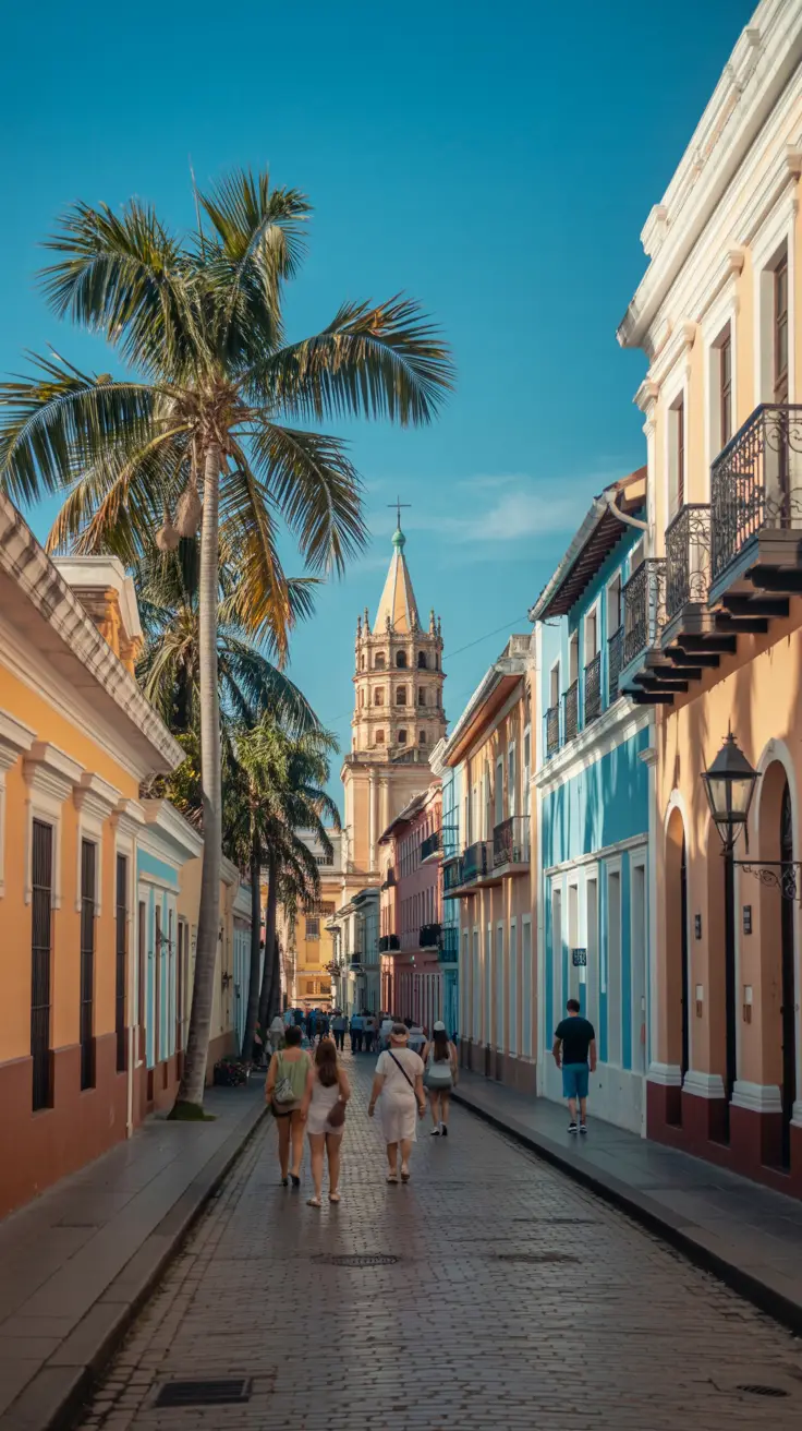 A high-resolution photograph captures a cobblestone street bathed in golden afternoon light, winding through Santo Domingo's Zona Colonial. Lush palm trees sway gently beside pastel-colored colonial buildings with ornate balconies and wrought-iron railings. Locals and tourists stroll leisurely, casting long shadows on the sun-soaked path. In the distance, the spire of a centuries-old cathedral rises against a vivid blue sky, anchoring the scene in rich history and timeless charm.