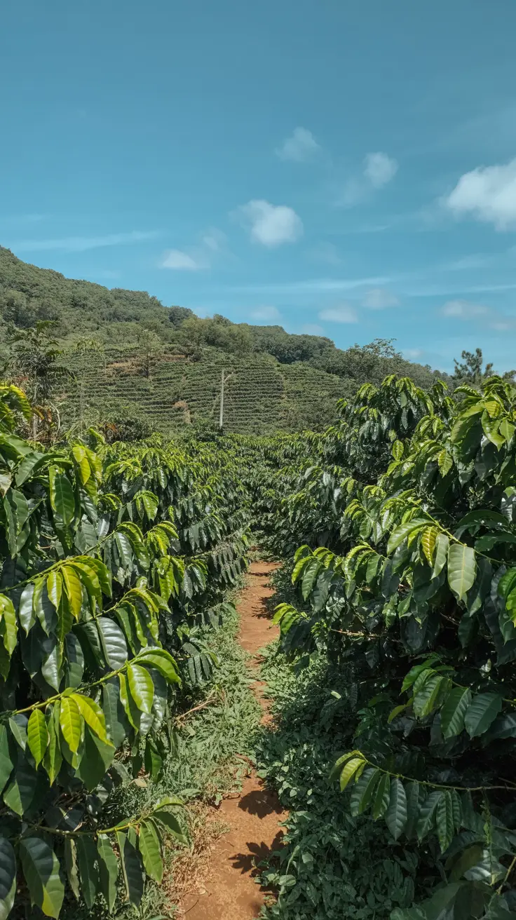 A sunlit path winds through rows of vibrant green coffee plants, their glossy leaves glowing under the bright blue sky.