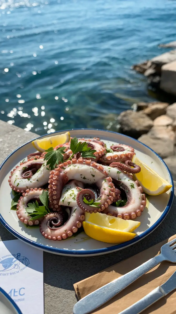 A fresh platter of octopus salad glistens under the bright Dubrovnik sun, garnished with parsley and lemon, set on a rustic seaside table with the Adriatic Sea quietly shimmering in the background.
