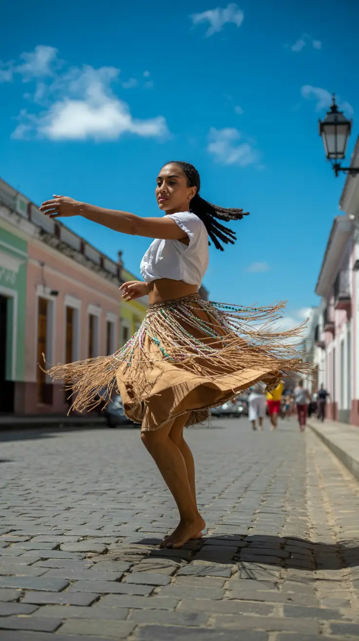 A vibrant dancer in traditional Taíno attire spins barefoot on sunlit cobblestones, her beaded skirt catching the golden light under a clear blue sky.