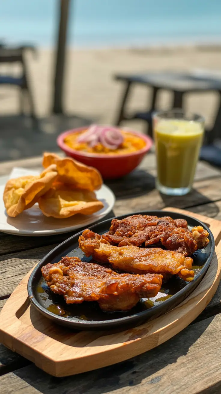 A rustic wooden table set outdoors near the beach, featuring golden Dominican tostones beside a sizzling plate of chicharrón de cerdo glistening in sunlight, with a vibrant bowl of mangú topped with red onions and a cold glass of passion fruit juice in the background.