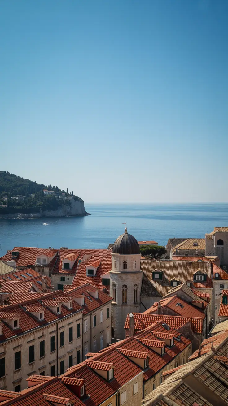 A crystal-clear view from the Dubrovnik city walls, showing terracotta rooftops spilling toward the deep blue Adriatic Sea under a cloudless, sunlit sky.
