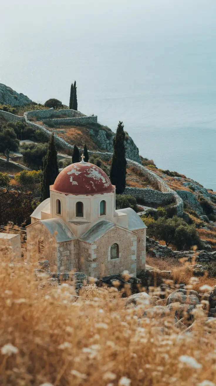 A weathered stone chapel with a faded red dome rests atop a rocky hillside surrounded by dry wildflowers and wild olive trees, with ancient stone wall remnants and the shimmering Aegean Sea under a pale blue sky in the background.