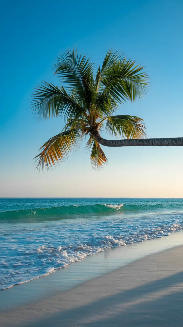 A perfectly clear turquoise wave laps against soft white sand, a single palm tree arching gracefully overhead under a cloudless blue sky.