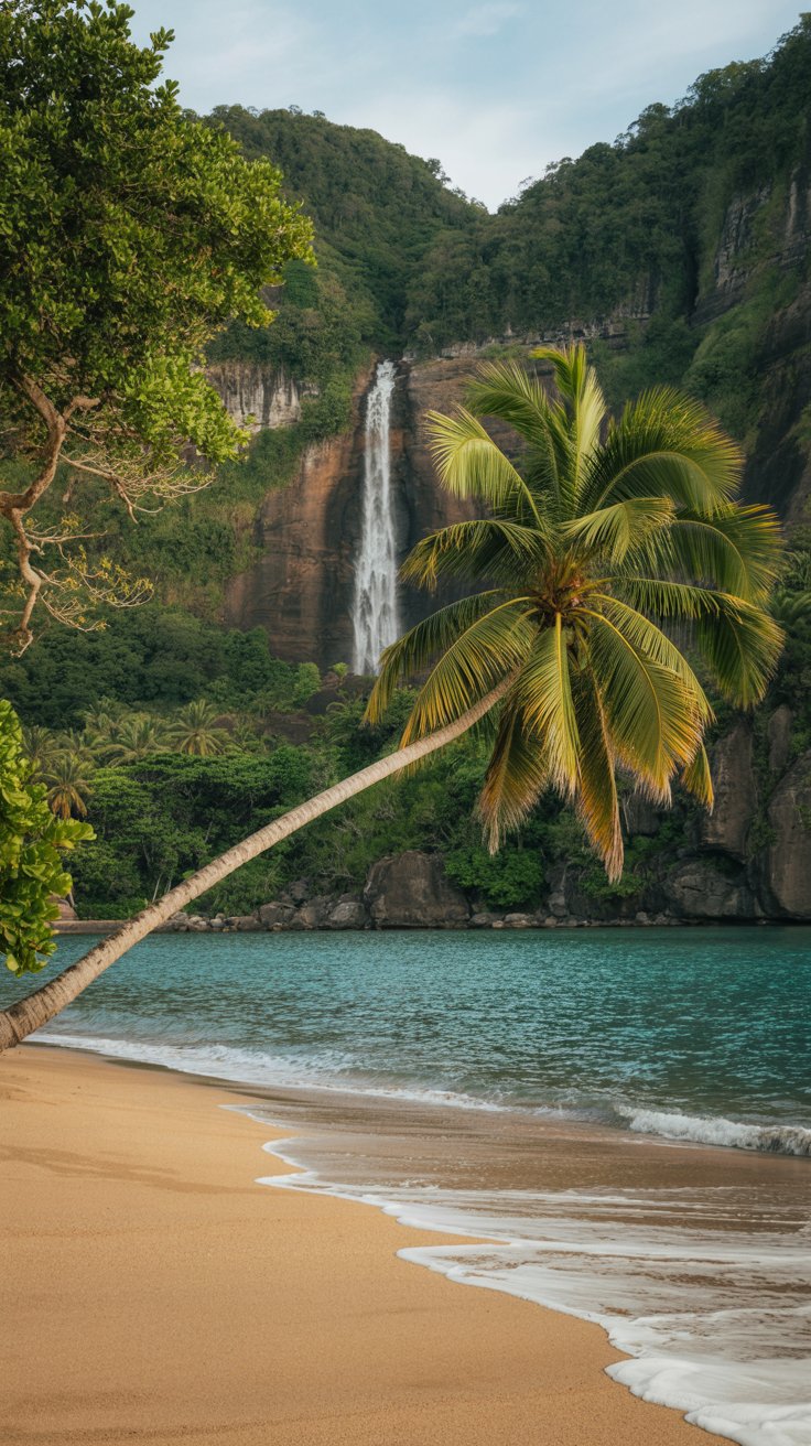A golden sand beach curves gently along turquoise waters, where a lone palm tree leans dramatically over the shore. In the background, a cascading waterfall tumbles down lush green cliffs into a hidden jungle pool.