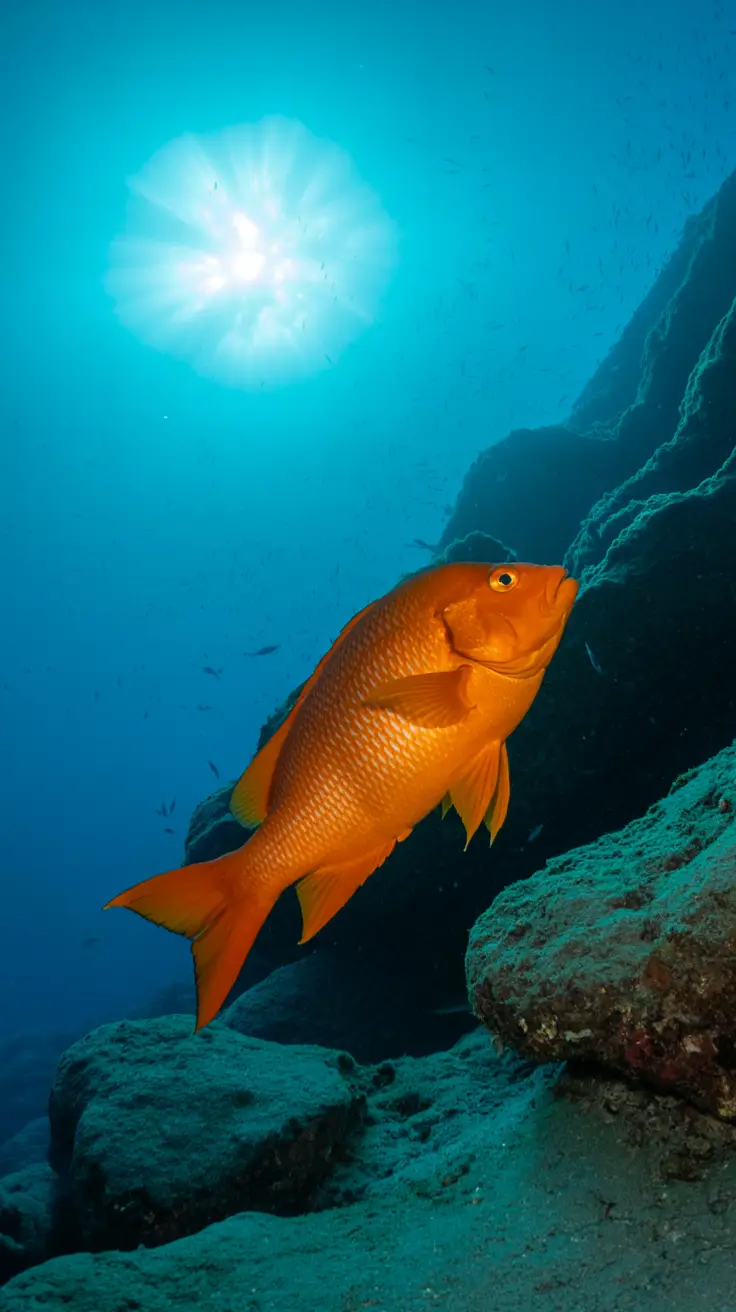 A bright, sunlit underwater scene shows a vivid orange Garibaldi gliding near a rocky reef, its scales gleaming in the clear turquoise water.