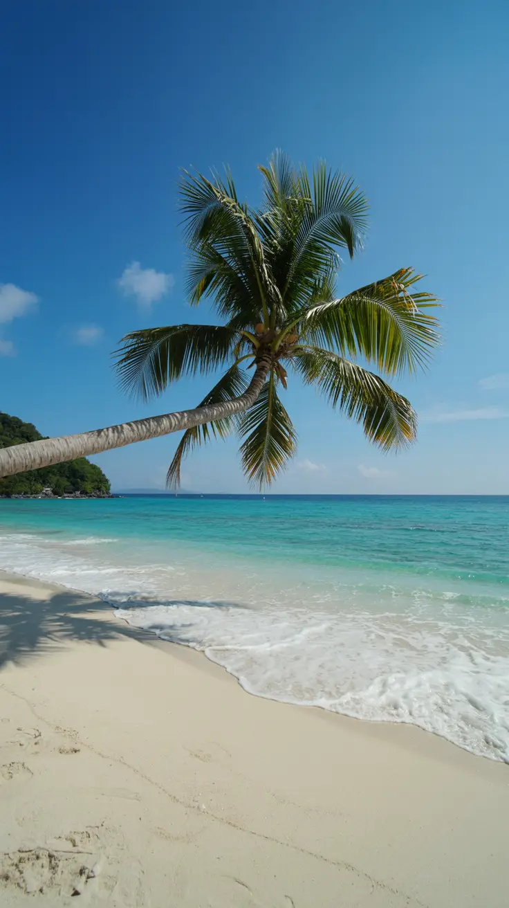 A pristine hidden beach with soft white sand, turquoise water gently lapping the shore, and a lone palm tree leaning toward the sea under a bright blue sky.