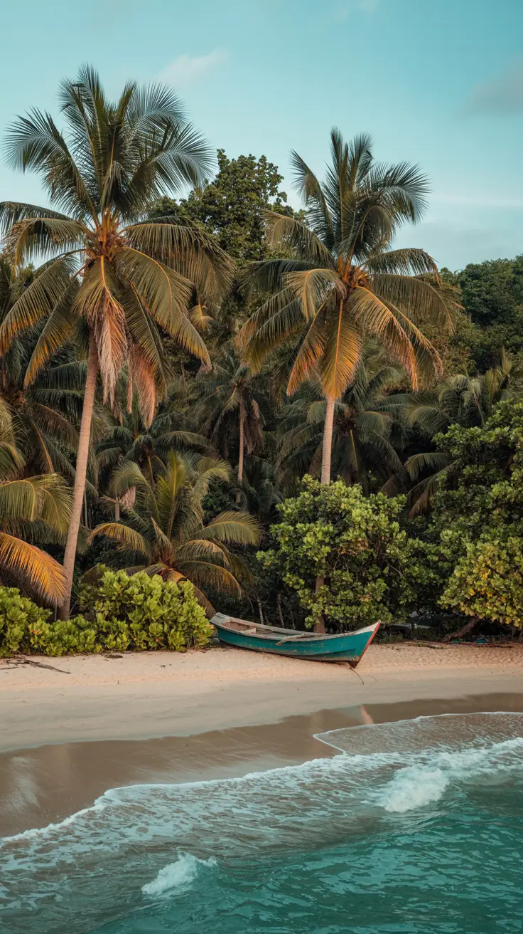 A secluded, crescent-shaped beach with powdery white sand framed by towering, emerald-green palm trees; turquoise waves gently lap at the shore under a golden afternoon light; a single wooden fishing boat rests quietly in the shallows near the edge of the forest.