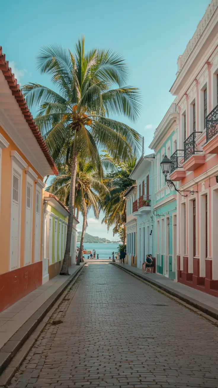 A cobblestone street glows under the bright sun, lined with pastel colonial buildings and swaying palm trees, just steps from the shimmering bay.