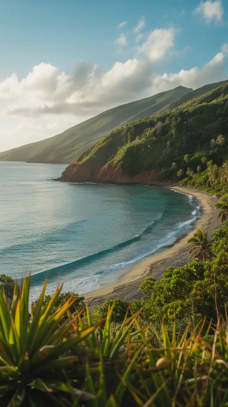 A bright sunny day casts golden light over a secluded cove in Barahona, where turquoise waves gently lap against emerald cliffs and untouched palm-lined shores.