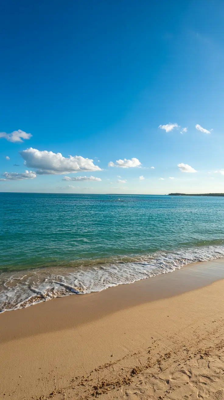 A high-end photo captures a quiet stretch of soft golden sand in Cabo Rojo, Puerto Rico, with calm turquoise waves gently rolling in under a bright, cloudless sky.