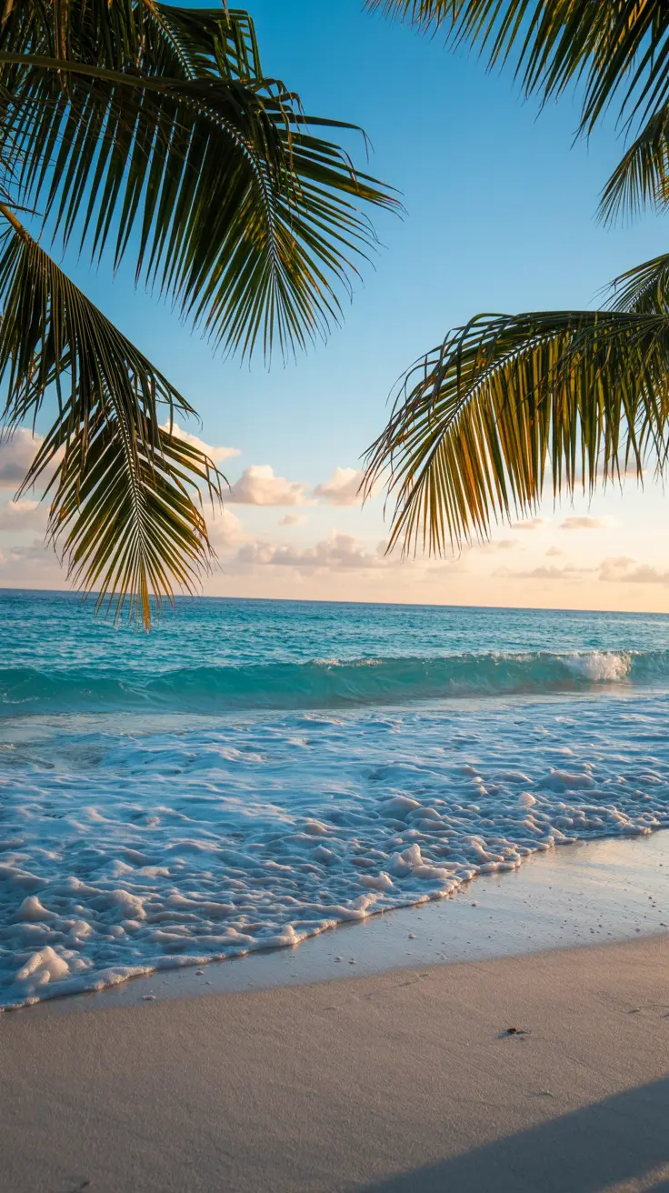 A crystal-clear turquoise wave laps gently against a stretch of untouched white sand, framed by swaying palm fronds under a bright blue sky—bathed in golden sunlight, every detail sharp and vivid.