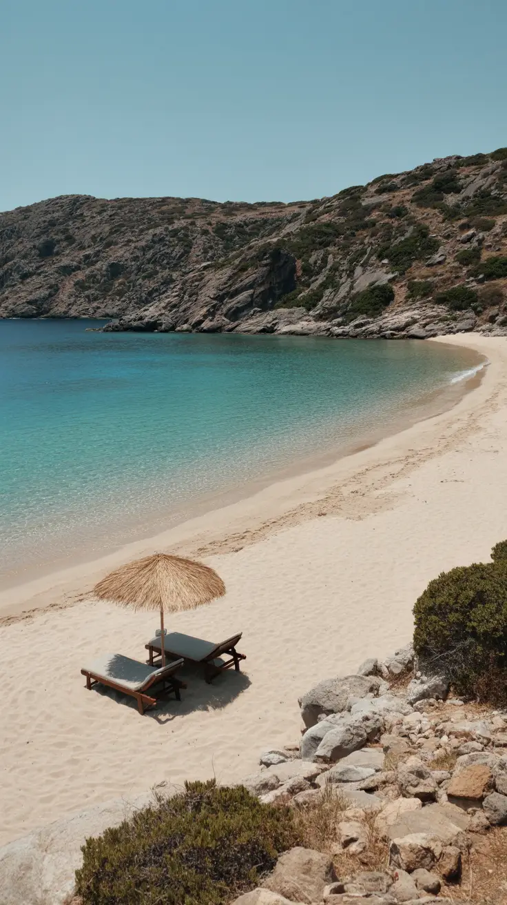 A quiet, crescent-shaped beach with soft, pale sand nestled between rugged rocky hills, featuring crystal-clear turquoise waters gently lapping the shore; a single straw umbrella casts a shadow beside two empty sun loungers, evoking a serene and untouched tropical paradise.
