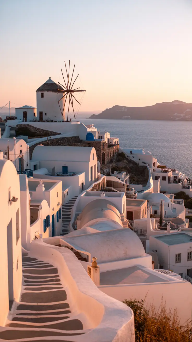 A whitewashed windmill perched on a sun-drenched hilltop overlooking the shimmering Aegean Sea, with narrow, winding stone paths leading down to the clustered white buildings of Mykonos town; the late afternoon sunlight casts a golden glow on rooftops and highlights vivid blue dome roofs.