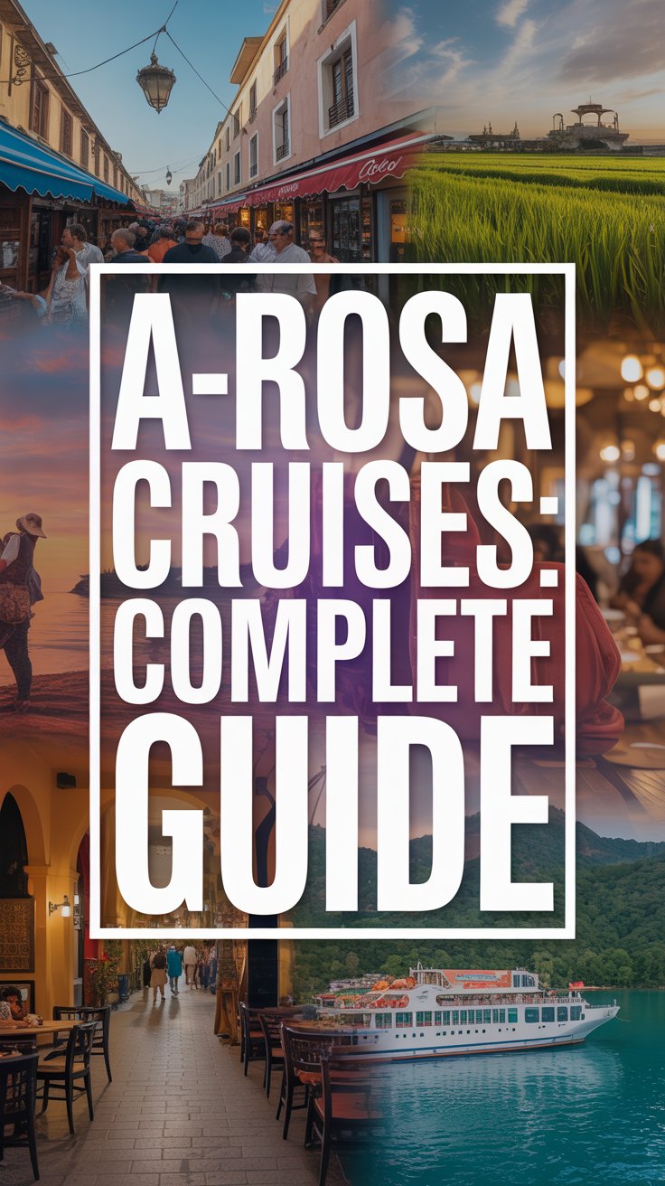 A vibrant lifestyle advertisement for A-ROSA Cruises showcases a curated collage of exotic destinations, including a bustling Moroccan marketplace, a serene Balinese rice paddy, and a modern European café scene, all expertly blended together. The composition is dominated by a large, boldly-framed white box featuring the text "A-ROSA Cruises: Complete Guide" in thick, striking lettering, ensuring immediate visual impact and brand recognition. Warm, saturated colors and dynamic perspectives are used throughout the collage to evoke a sense of adventure and cultural immersion, while subtle lens flares add a touch of cinematic quality and a feeling of sophisticated travel. The overall aesthetic is aspirational and inviting, positioning A-ROSA Cruises as the gateway to unforgettable, personalized explorations without explicitly showing a ship, communicating discovery and curated experiences.