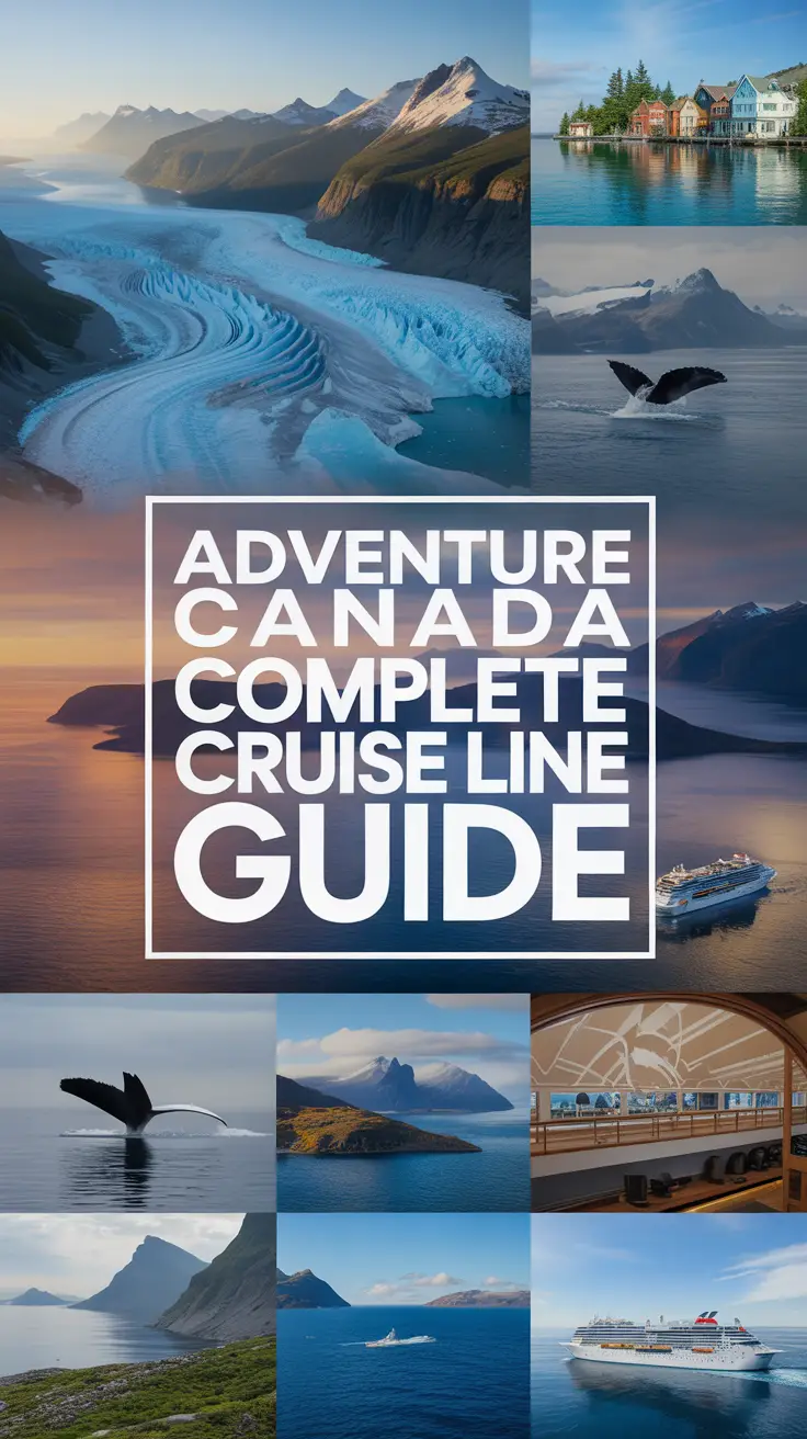 A dynamic advertisement for "Adventure Canada: Complete Cruise Line Guide" set against a stunning Canadian coastline panorama, featuring images of glaciers, whales, coastal towns, and luxury cruise interiors. The design incorporates a white text box, subtle watermarks, and a faint compass rose, evoking premium exploration and travel. Alt Tag: Advertisement for Adventure Canada cruise guide featuring scenic coastline, glaciers, whales, cozy towns, and cruise interiors; designed with a compass motif and exploration-themed visuals.