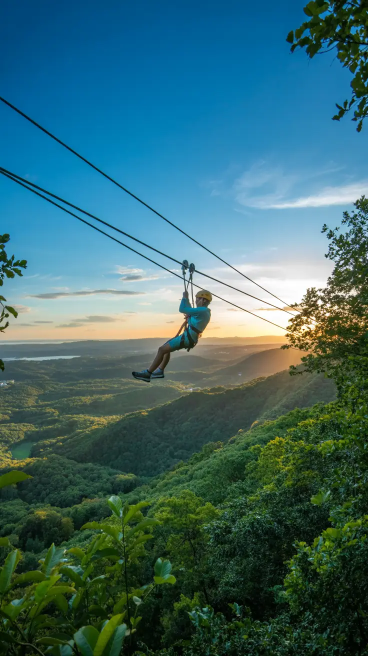 A brightly lit zipliner soars above lush green treetops at Scape Park, framed by a vivid blue sky and golden sunlight.