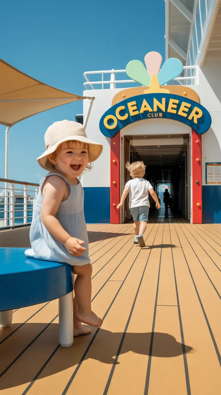 A toddler in a sunhat giggles near a shaded play area on a sunny ship's deck, while an older child runs toward a colorful entrance to the Oceaneer Club.