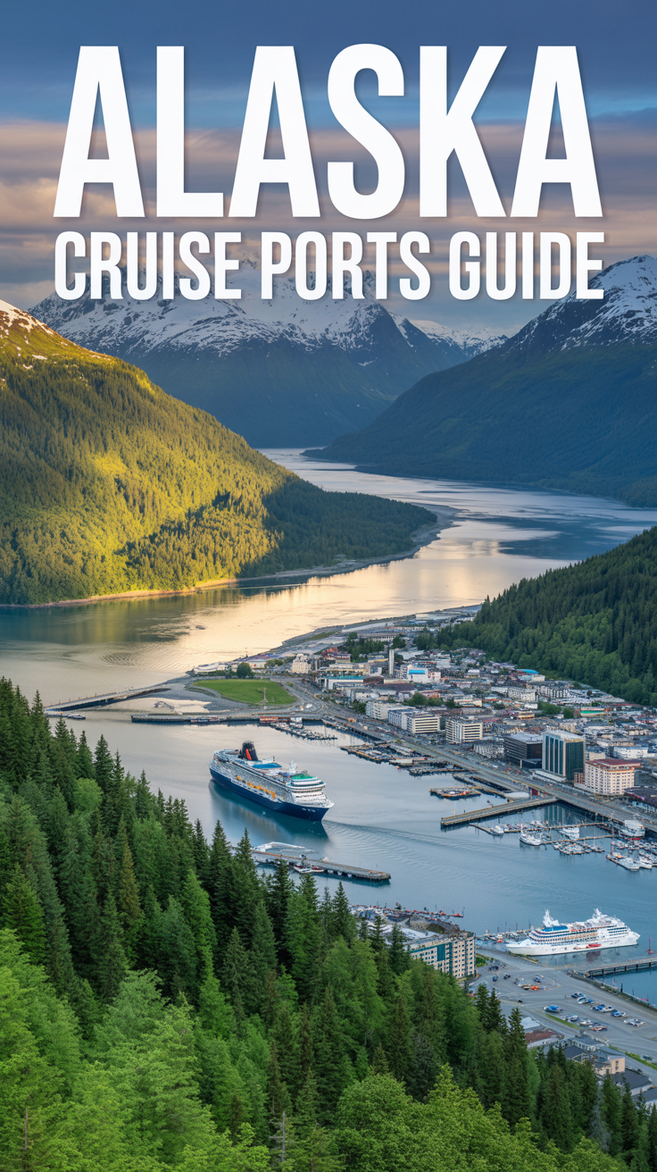 A breathtaking aerial view of Juneau, Alaska, with cruise ships in the harbor, snow-capped mountains, evergreen forests, and the city bathed in golden late-afternoon light.