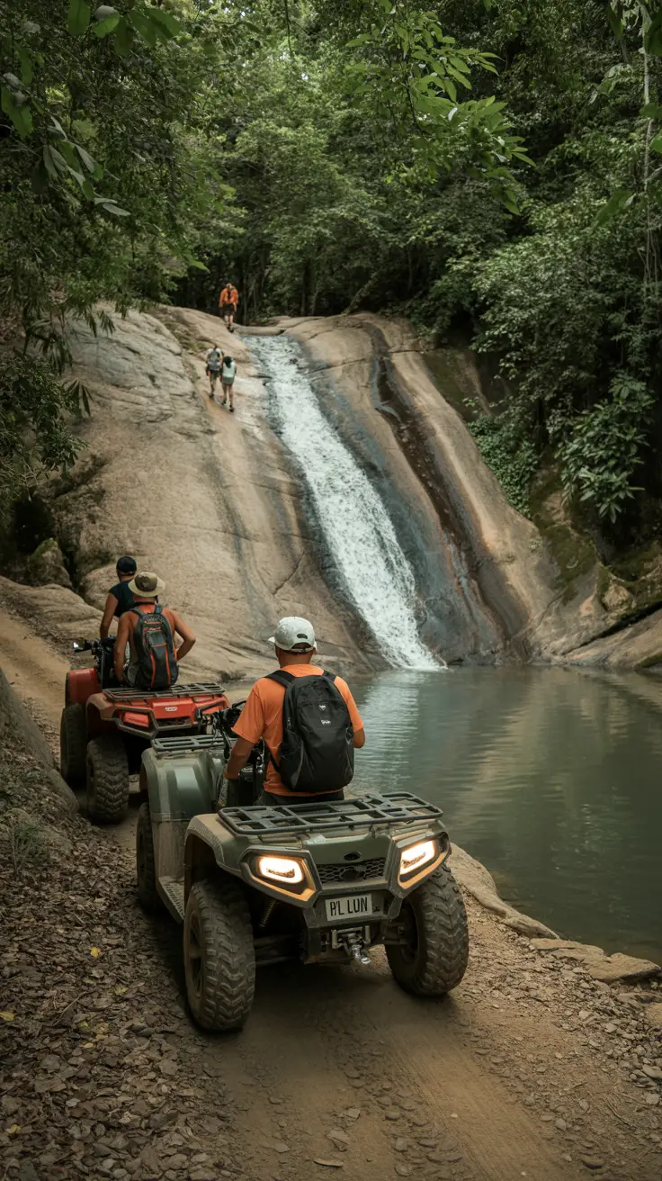 People hiking and riding ATVs along a lush tropical trail leading to El Limon Waterfall.