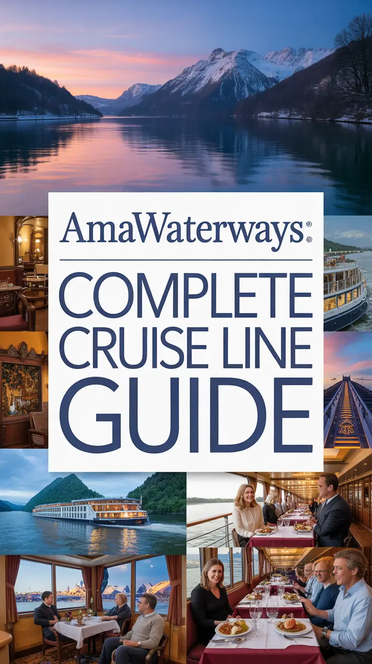 A vibrant travel advertisement poster showcasing AmaWaterways luxury river cruises, featuring a central white box with bold title text and a collage of scenic landscapes, elegant ship interiors, and joyful passengers against a twilight-to-sunset background. Alt Tag: AmaWaterways luxury cruise poster with scenic views, elegant ship interiors, and smiling guests under a twilight sunset gradient.