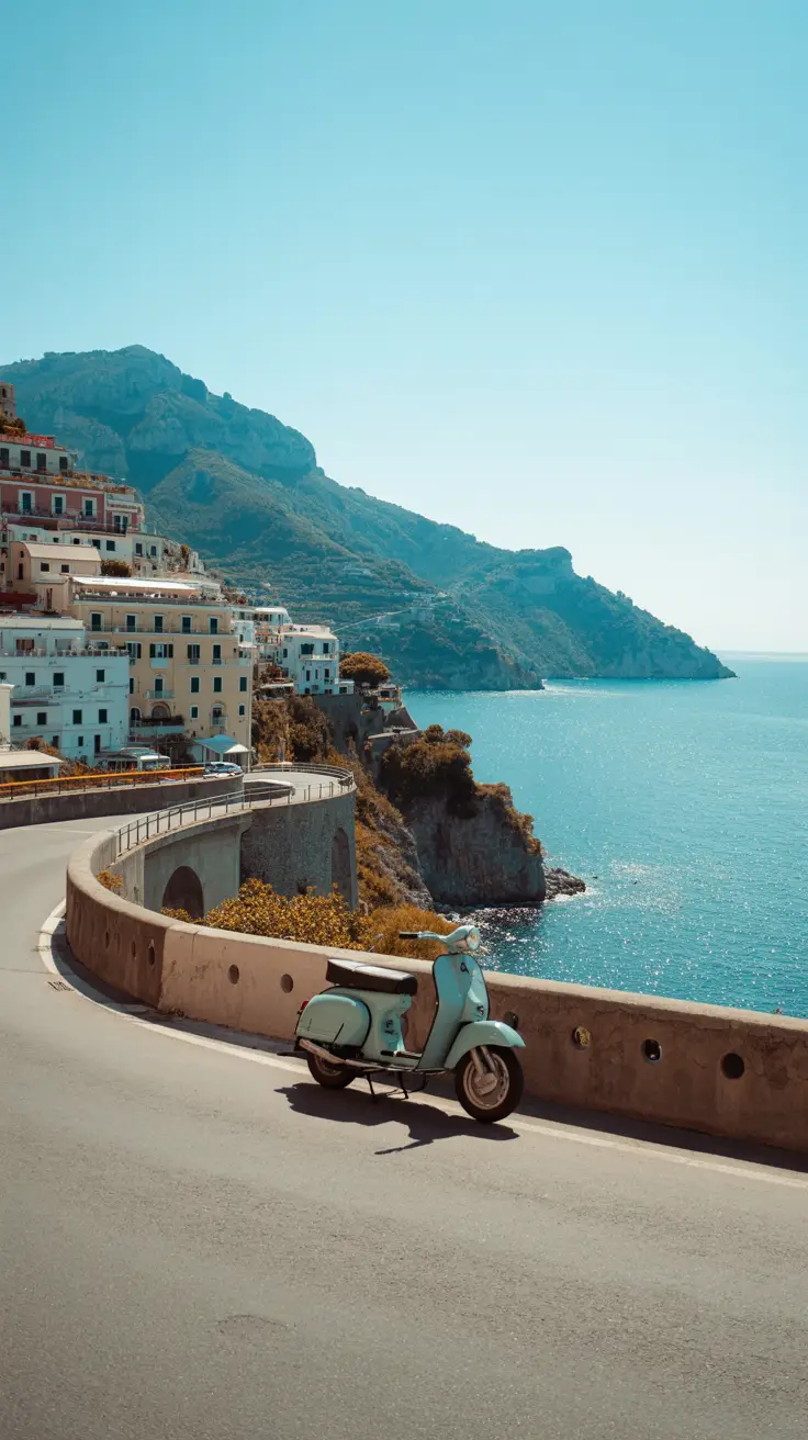 A high-resolution photo captures a sunlit curve of the Amalfi Coast road, clinging to a cliffside above a sparkling turquoise sea. A single vintage scooter is parked at the edge, overlooking Positano’s pastel buildings stacked like a dream beneath a clear, brilliant sky.