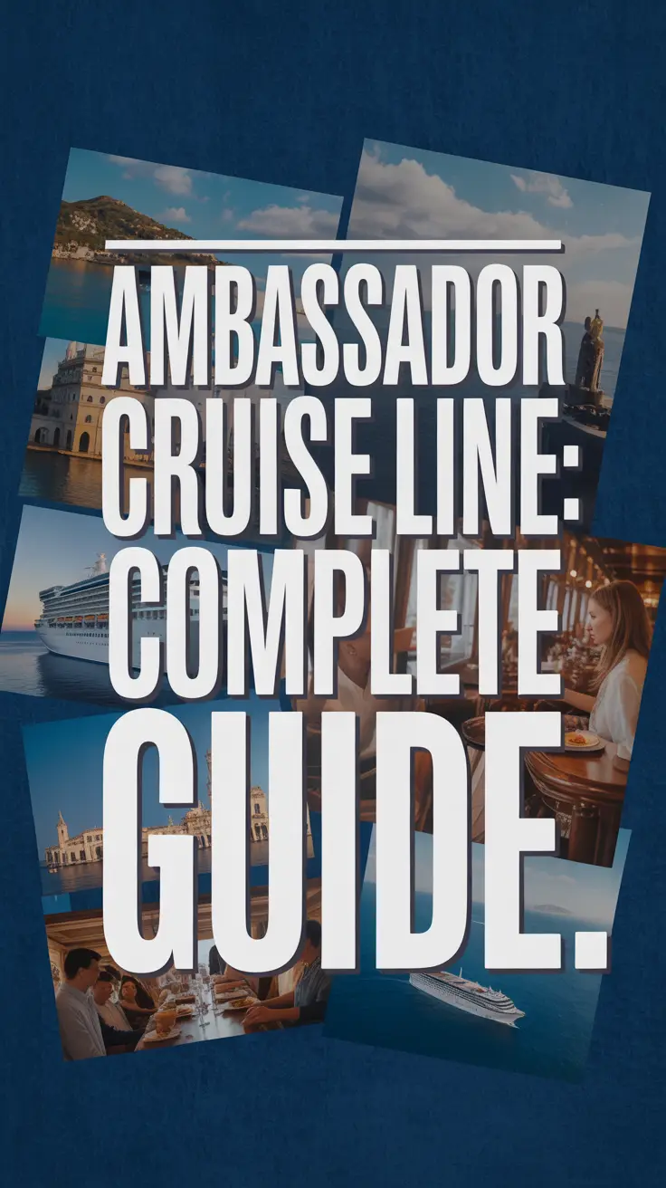 A dynamic lifestyle advertisement collage for Ambassador Cruise Line featuring Mediterranean coastlines, luxury ship interiors with gourmet dining, and iconic European landmarks. Designed with a modern white text box on a deep navy background, the ad emphasizes aspirational travel and elegant cruising.