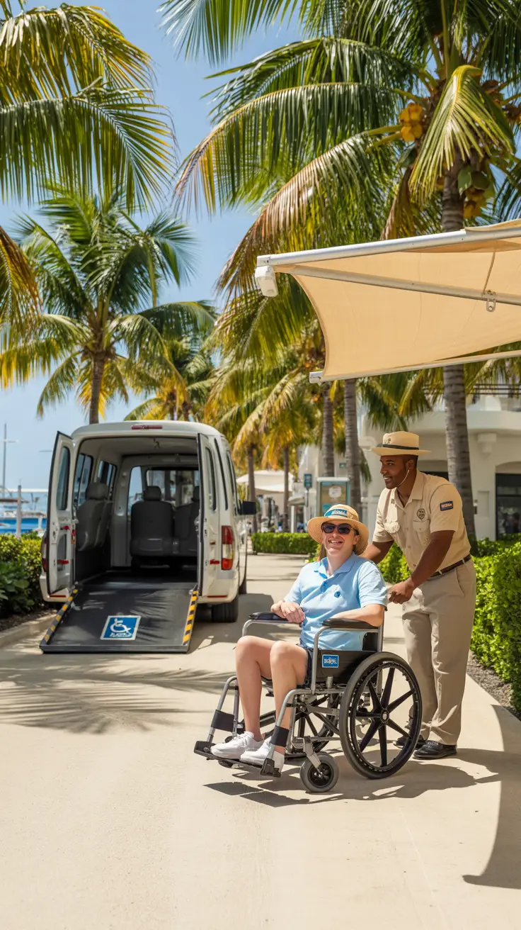 A wide, sunlit pathway winds through a tropical port area at Amber Cove, bordered by palm trees swaying gently in the breeze. In the foreground, a smiling cruise passenger using a manual wheelchair is being assisted by a uniformed staff member, both shaded by a nearby canopy. Behind them, a clearly marked accessible shuttle with a fold-out ramp is parked, ready for transport.