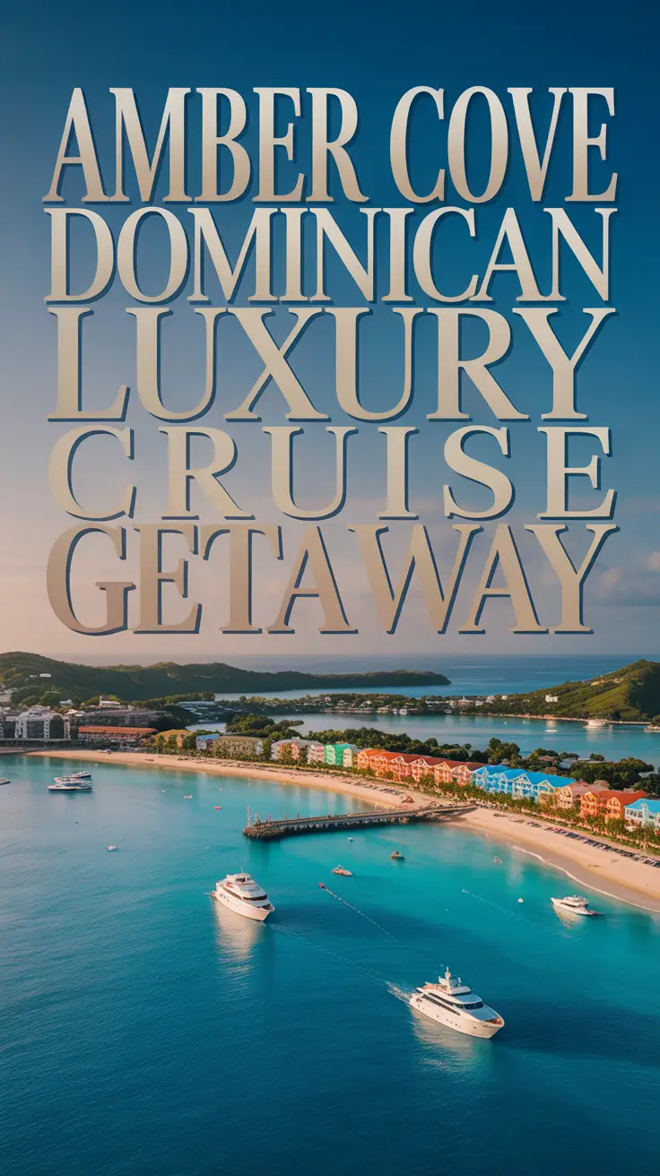 Aerial view of Amber Cove, Dominican Republic, featuring turquoise waters, white sand beaches, luxury yachts, and colorful buildings under a late afternoon sun, promoting an exclusive cruise getaway.