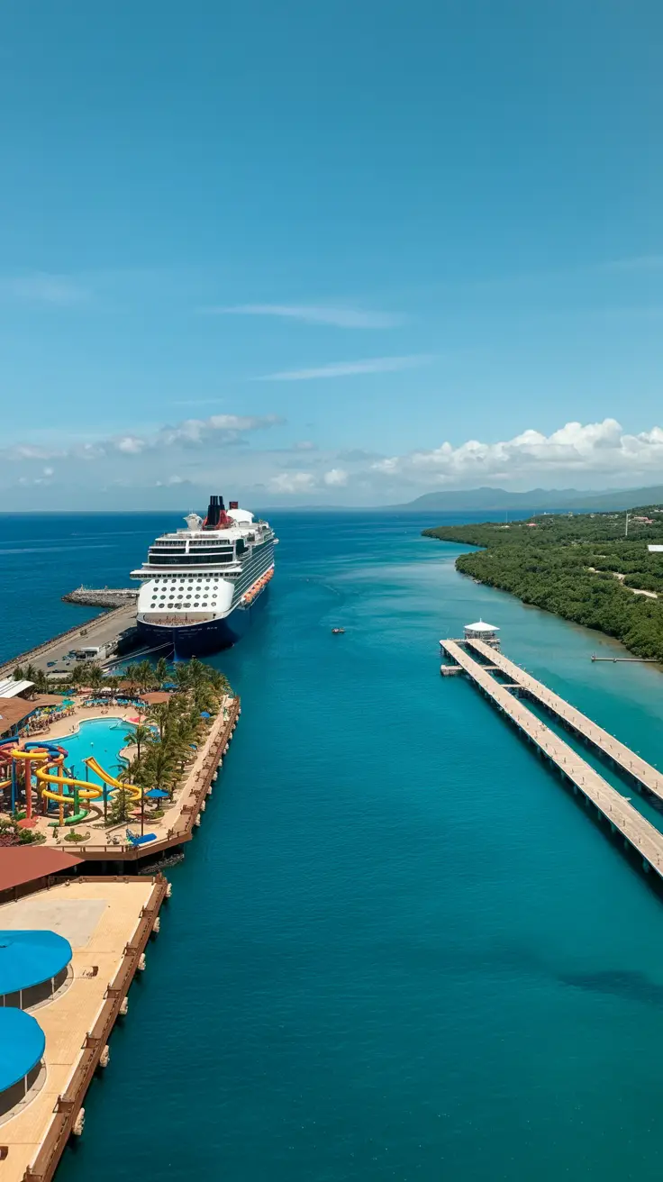 A sunny aerial view showing two distinct cruise ports along the Puerto Plata coastline: on the left, Amber Cove with a large cruise ship docked near colorful waterslides and a palm-lined pool area; on the right, Taino Bay featuring a sleek modern dock surrounded by lush green jungle and calm turquoise waters; in the center, a clear blue ocean separating the two vibrant waterfront destinations.