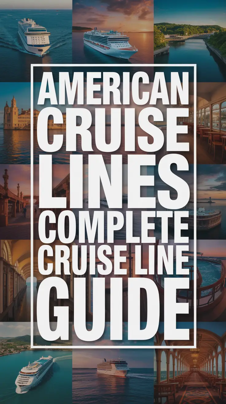 A travel brochure cover features the title "American Cruise Lines: Complete Cruise Line Guide" in bold white lettering within a prominent angled box, set over a vibrant collage of ocean views, river towns, and luxury cruise ship interiors, all illuminated by warm golden light with a blue-green gradient background. Alt Tag: Travel brochure cover for American Cruise Lines with bold angled title over a warm collage of ocean, river towns, and cruise interiors.