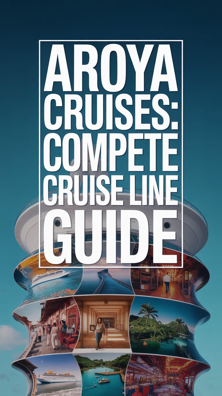A visually striking conceptual advertisement for Aroya Cruises, designed to evoke a sense of discovery and curated experiences. The image showcases a dynamic collage of vibrant lifestyle photography featuring exotic locales – a bustling Moroccan marketplace, a serene Japanese zen garden, a colorful Brazilian carnival – all interconnected and slightly overlapping to create a layered, immersive effect, with no cruise ship imagery. Dominating the upper portion is a large, rectangular box containing the bold white text "Aroya Cruises: Complete Cruise Line Guide," ensuring immediate attention and readability against a deep teal background that fades subtly to black. The overall aesthetic is modern and luxurious, emphasizing adventure and personalized travel experiences while conveying a sense of curated exploration with the tagline acting as a gateway to discovering more.